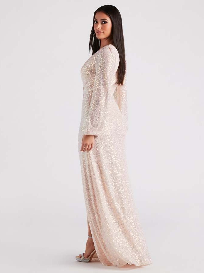 Vestido de Noche para Mujer, Estilo Europeo y Americano, Nuevo para Primavera y Verano, con Lentejuelas, Abertura Lateral, Manga Larga, para Damas de Honor de Boda
