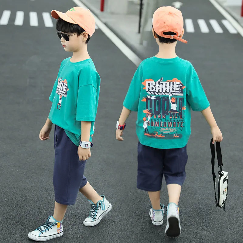 Children's Wear Boy's Short-sleeved Suit Summer Wear Season Sports 2024 New Arrival Zhongda Children's Handsome Western Korean Style Internet Popular Fashion