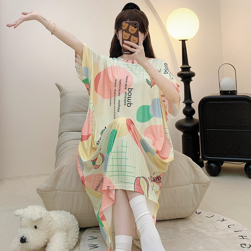 Plus Size Women's Nightdress 100kg Summer Short-Sleeve Plus Size Mid-Length Maternity Thin Loose Loungewear for Chubby Women