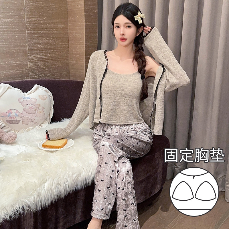 羊绒抓毛秋季睡衣女纯欲风ins风花边蝴蝶结三件套带胸垫女家居服|undefined