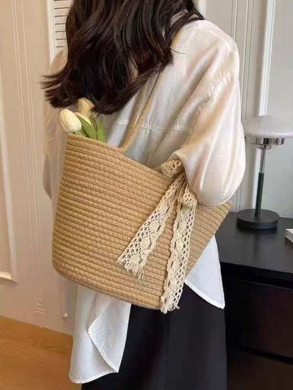 法式编织包女夏季新款时尚草编沙滩包大容量菜篮子单肩水桶包|undefined