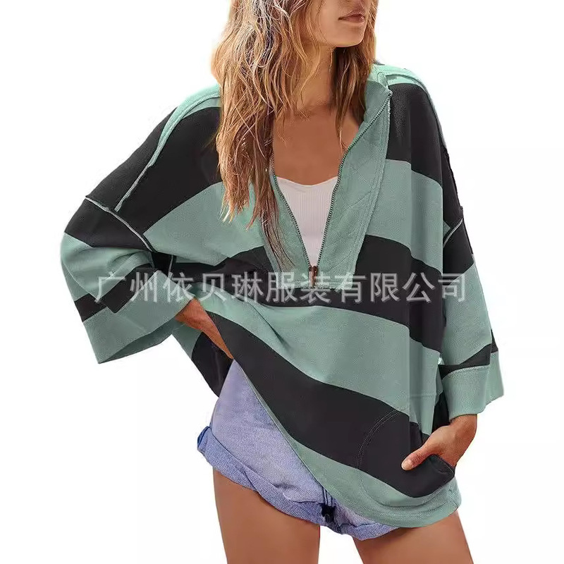 2024 Women's Oversized Striped Shirt Half-Zip Sweatshirt Color-block V-neck Top Casual Loose Pullover 2024 Women's Oversized Striped Shirt Half-Zip Sweatshirt Color-block V-neck Top Casual Loose Pullover