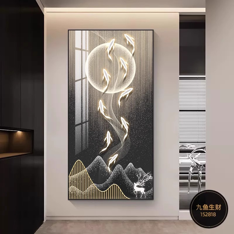 招财九鱼图入户玄关装饰画客厅走廊过道挂画新款大气麋鹿竖版壁画|undefined