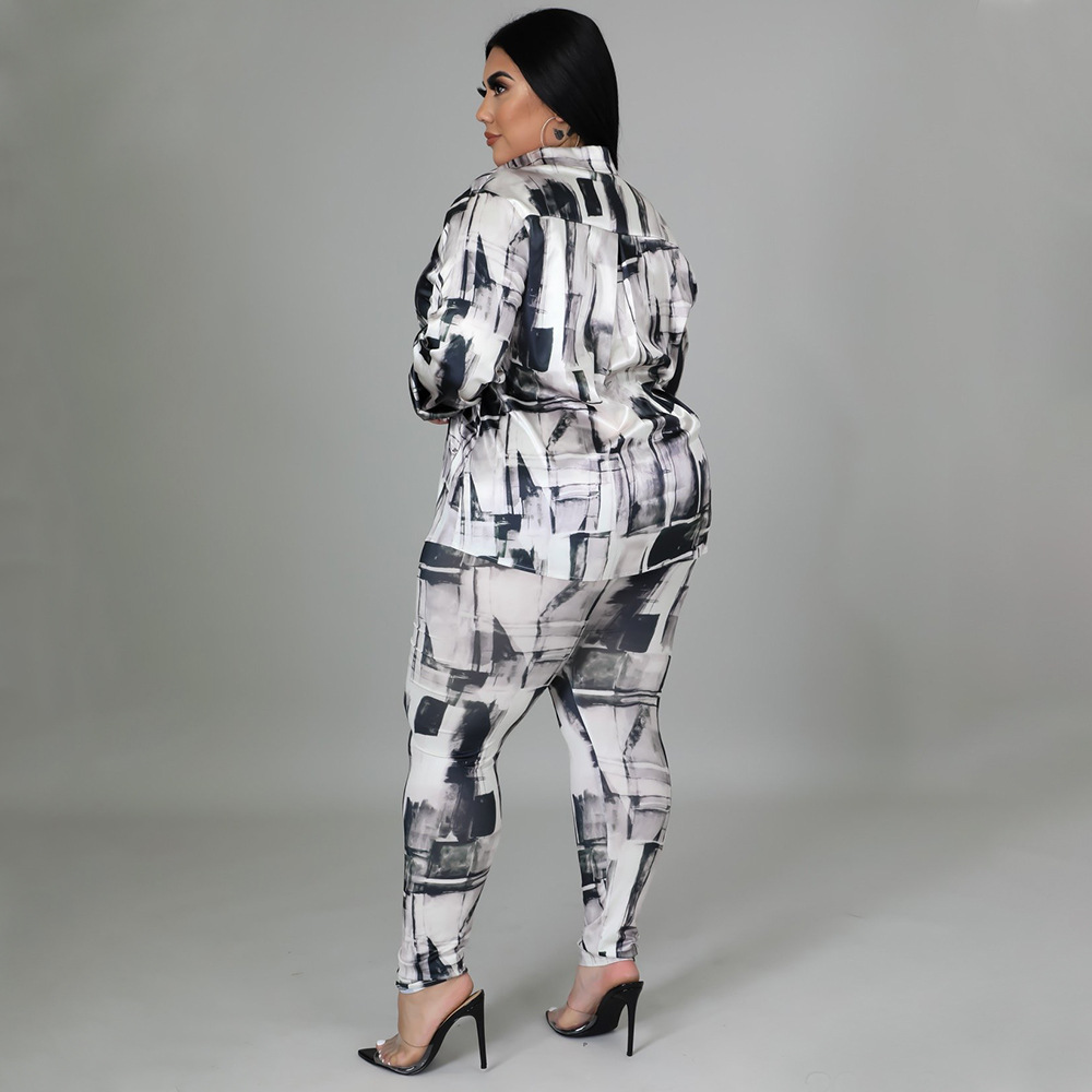 plus size printing long-sleeved shirt and high waist slim pants two-piece set NSLNW137049