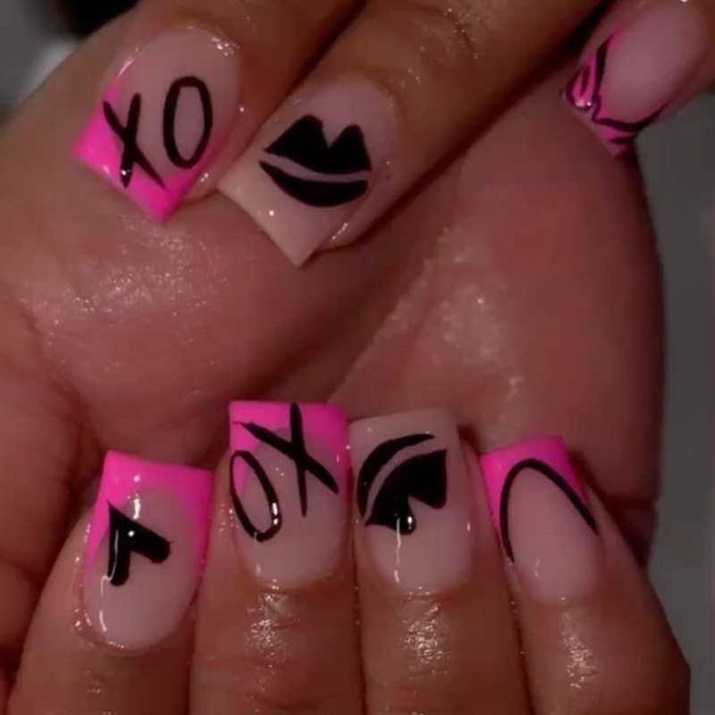 Cross-border Foreign Trade Nail Art Rose Red Black Letters Valentine's Day Wear Nail Art Pieces Short Square Holiday Nail Pieces