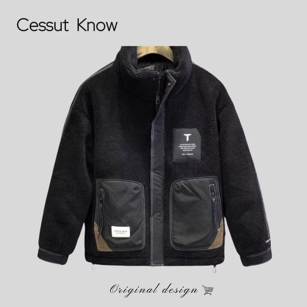 American retro style, thickened lamb fleece, trendy men's cotton-padded jacket, 2006 winter new style, warm, large pocket jacket.