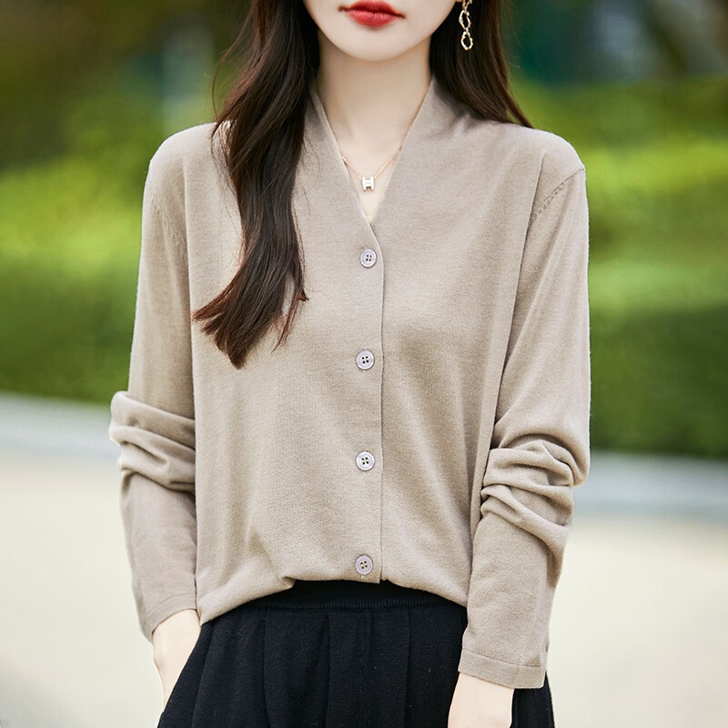 V-Neck Long-Sleeve Knitted Cardigan for Women, Autumn New Style, Fine Imitation Wool, Solid Color Versatile Jacket Sweater Base Shirt Top