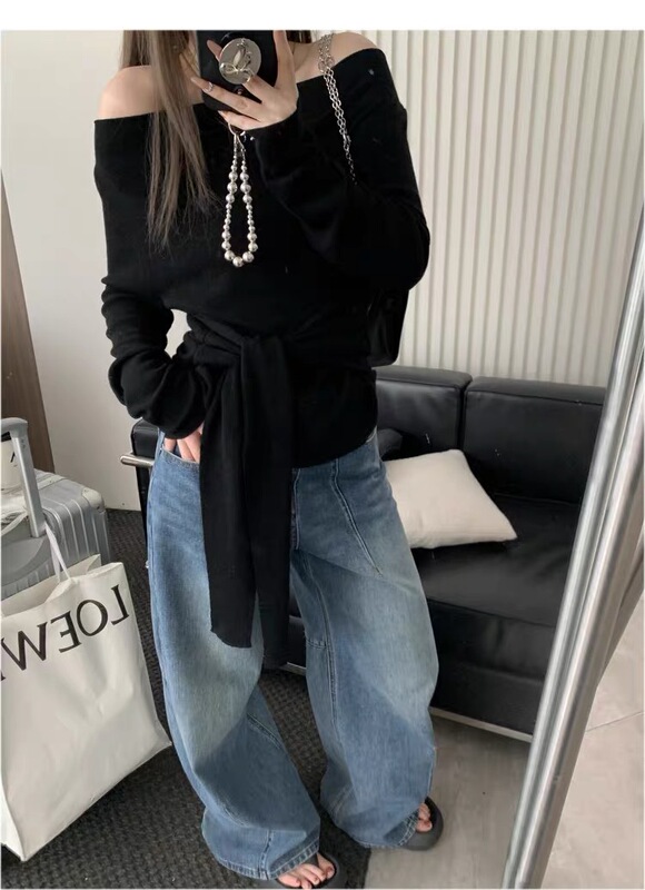 韩系设计感气质简约荡领系带针织上衣半身裙两件套女秋冬整套穿搭|undefined