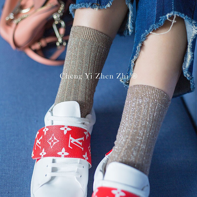 Fashion thick gold and silver silk women's socks Japanese bright silk vertical stripes mid-calf socks silver onion pile socks boot socks wholesale