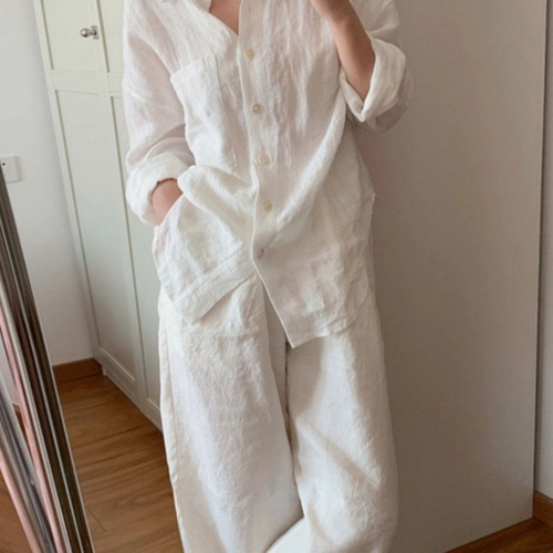 White Cotton Linen Long-Sleeve Women's Top 2025 Spring and Autumn New Simple Casual Sloppy Style Versatile Loose Shirt