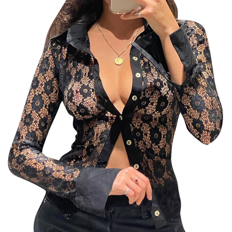 spring solid color perspective lace long-sleeved lapel shirt NSCBB119674