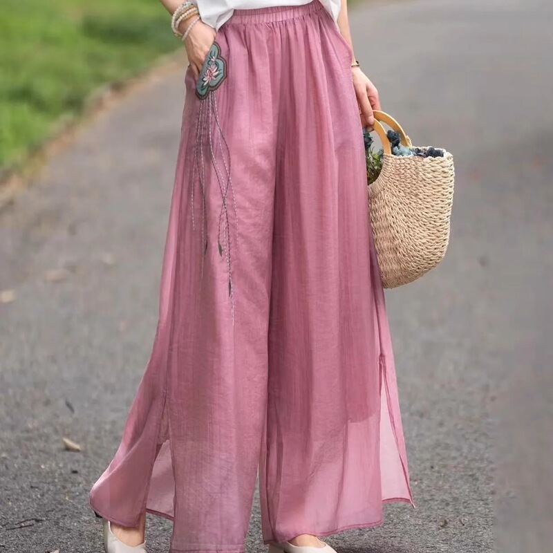 Chinese Retro Literary Summer Elastic Casual National Style New Double-Layer Wide-Leg Loose Thin Embroidered Casual Pants