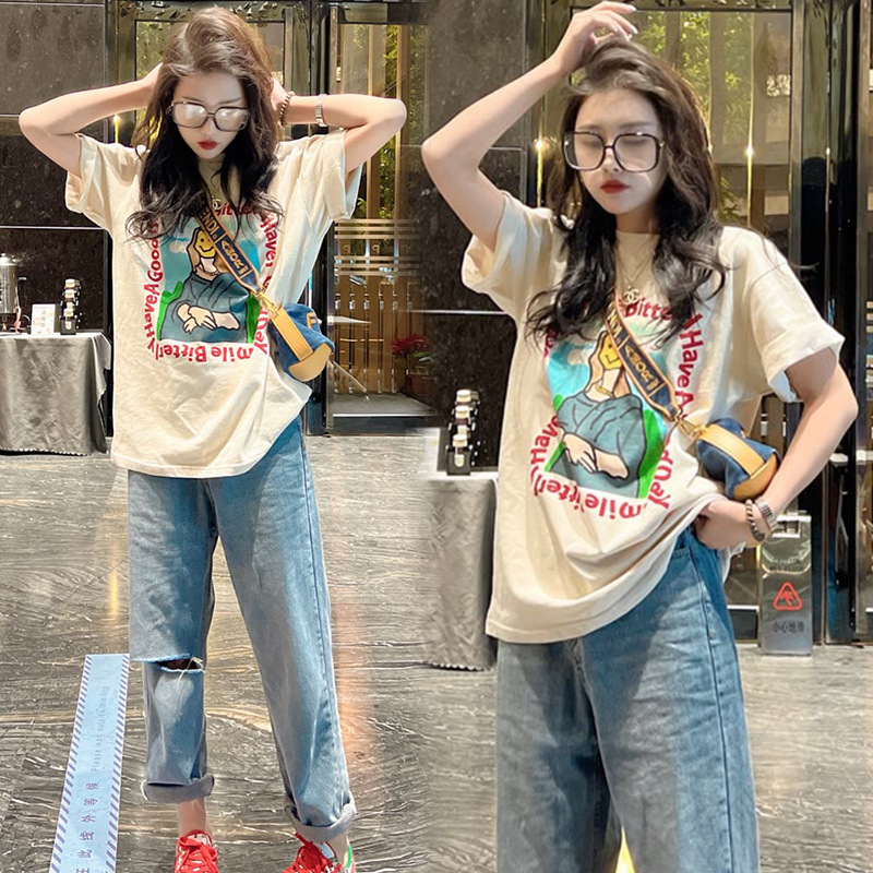 Big Sale Special Price Street Stall Clothes Large Size Summer Clothes New Fashion Mona Lisa Short-Sleeved T-Shirt Women's Tops Trendy
