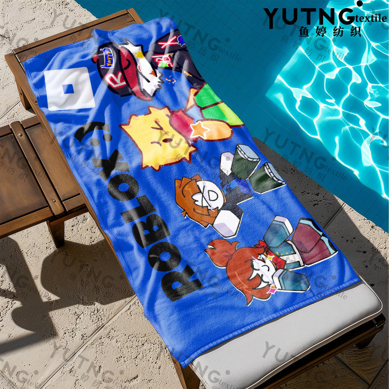 Cross-Border Roblox Cartoon Q-Version Character Beach Towel, Full-Print on Blue Background, Absorbent Quick-Dry Bath Towel, Wholesale from Manufacturer