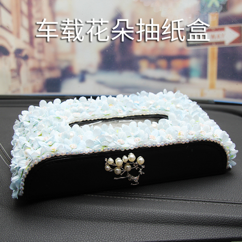 Caja de pañuelos para coche Caja de dibujo de papel para coche Flor Decoración de coche Caja de dibujo de perlas Caja de papel Portaholito de servilleta para coche creativo
