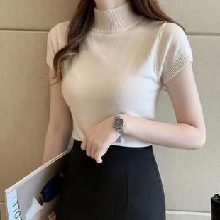 2023 New Half High Collar Base Shirt T-shirt Women's Thin Short Half Sleeve Knitted Sweater Short Slim-fit Korean Top