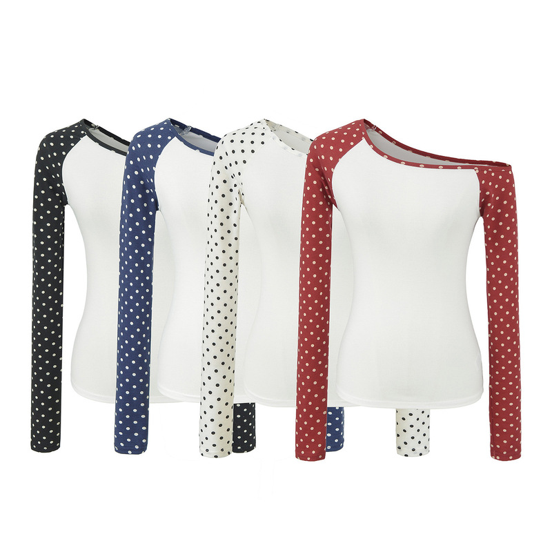 Women's polka dot off-shoulder top, 2026 autumn new fashion, stylish one-shoulder long-sleeve versatile T-shirt Women's polka dot off-shoulder top, 2026 autumn new fashion, stylish one-shoulder long-sleeve versatile T-shirt