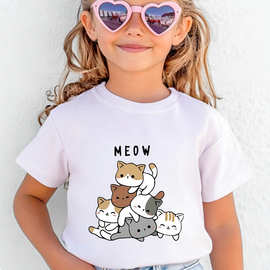 MEOW 叠叠猫纯棉儿童 T 恤 男女童可爱卡通猫咪印花短袖60409-30