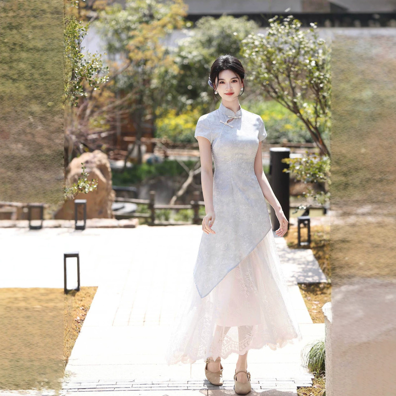2026 Spring/Summer New Style Qipao New Chinese Style Improved Qipao with Waist Cinching Lace Elegant Dress Light Blue Qipao