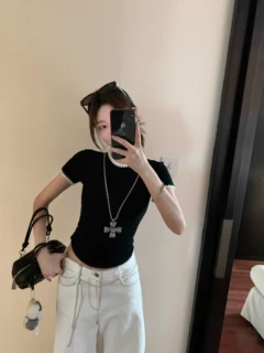 原版人棉面料 正肩修身撞色刺绣短袖女t恤夏季设计感小众短款上衣