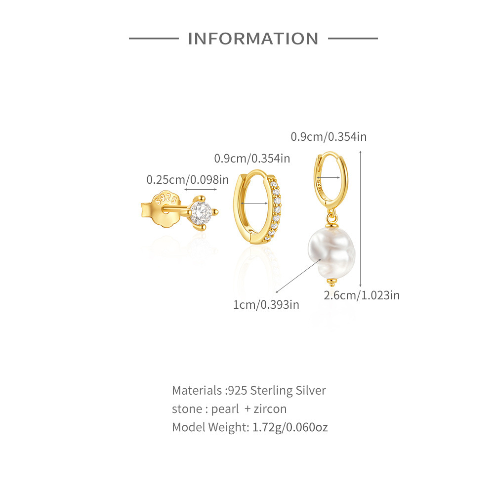 3 Pieces Set IG Style Simple Style Geometric Pearl Plating Inlay Sterling Silver Zircon Earrings display picture 1