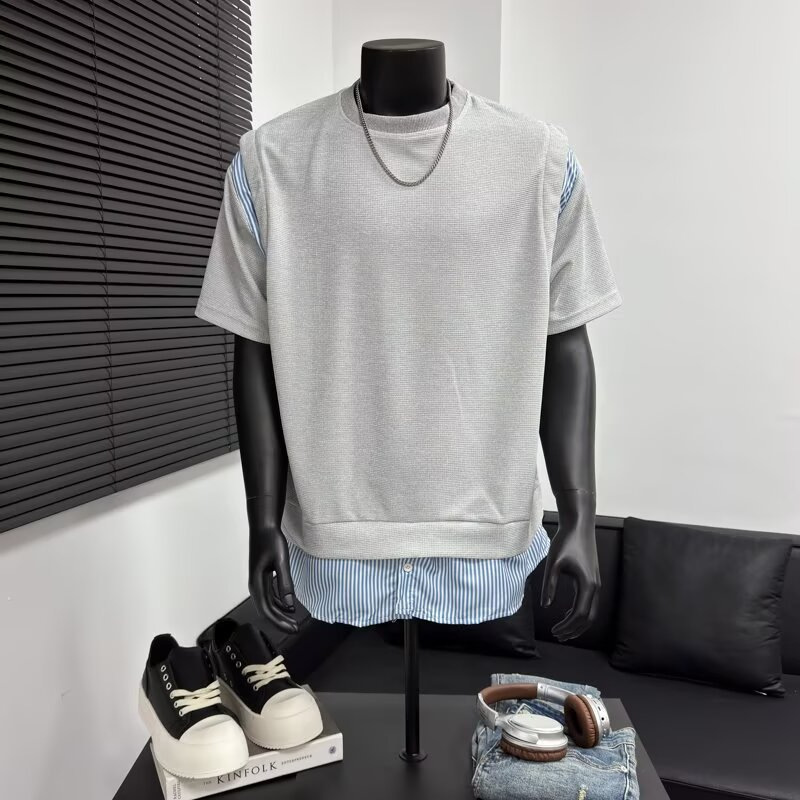 Summer Two-Piece Loose Short-Sleeve T-Shirt Men's Fashion Trend 2026 Niche Striped Patchwork Waffle Round-Neck T-Shirt Stylish Summer Two-Piece Loose Short-Sleeve T-Shirt Men's Fashion Trend 2026 Niche Striped Patchwork Waffle Round-Neck T-Shirt Stylish