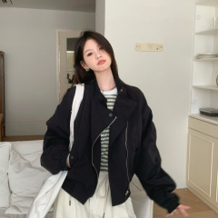 立领斜拉链堆堆袖设计感短款夹克风衣外套女秋季新款休闲黑色上衣