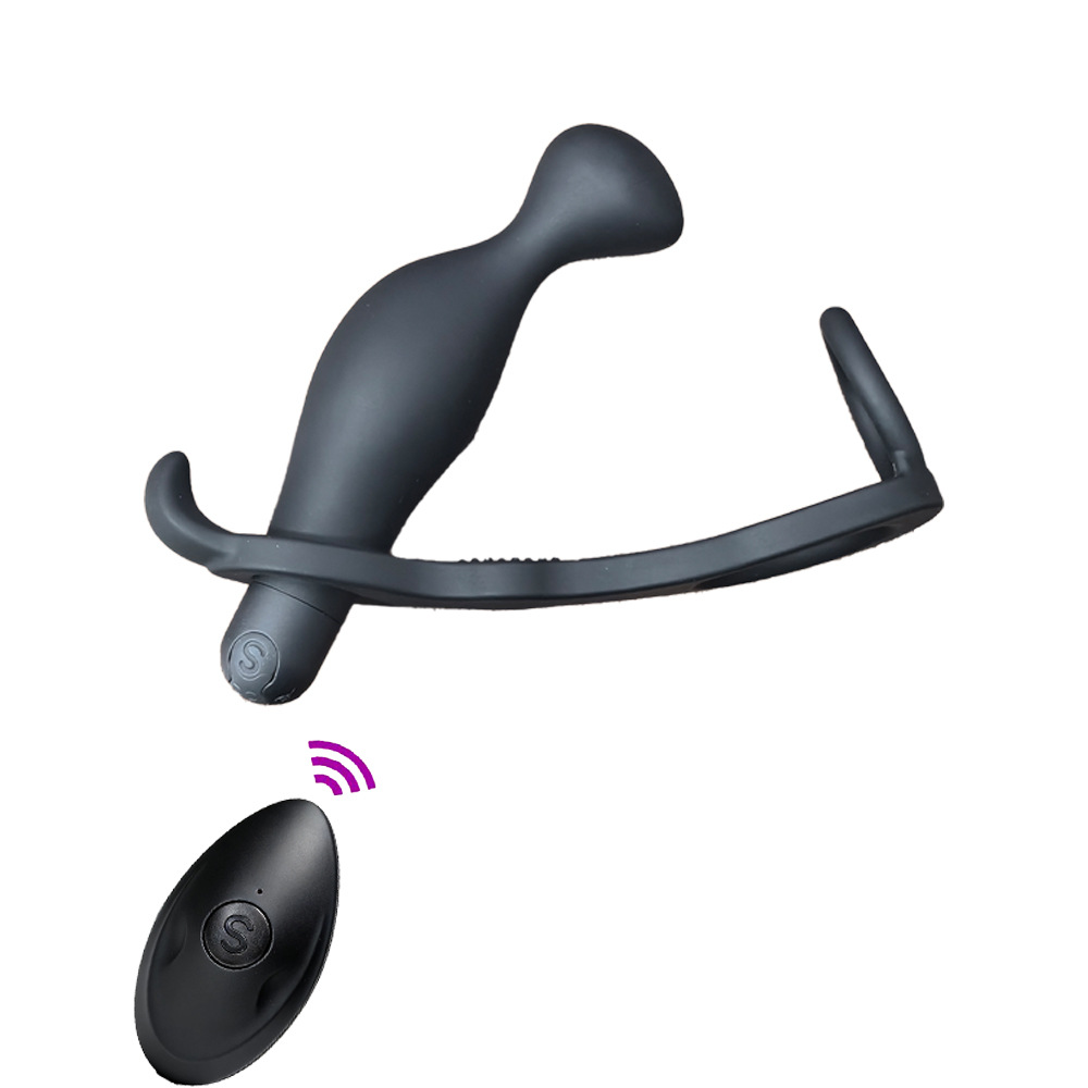 Vibrating Silicone Anal Plug with Double Penis Ring and Remote Control — detail image 9