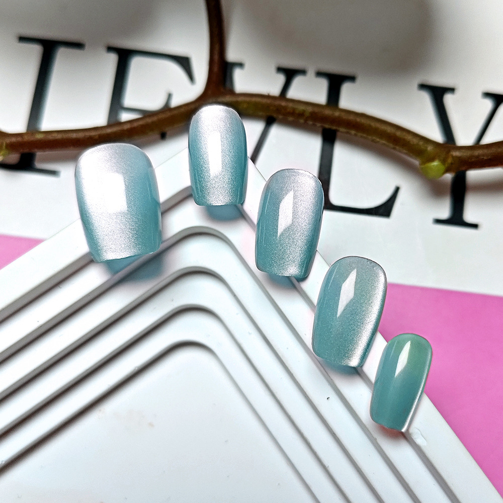 Malla corta de ojo de gato de cristal, 10 piezas, parche de uñas simple, pieza de uñas en forma de escalera verde esmeralda de moda