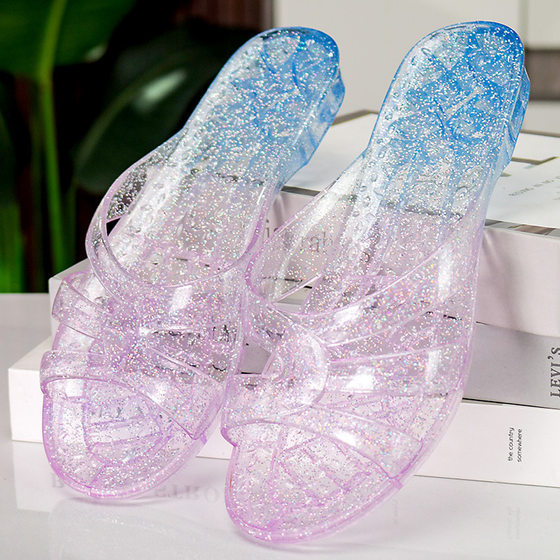 Two-color crystal slippers women's plastic material transparent glue jelly low heel Korean style indoor home use summer days
