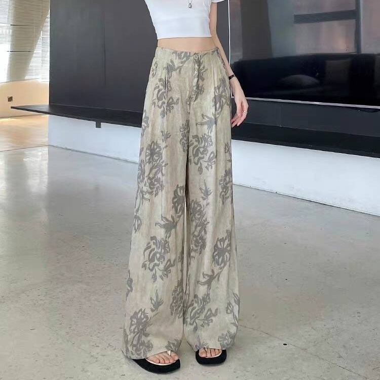 亚麻裤子女夏季薄款麻料印花直筒阔腿裤百搭显瘦休闲长裤垂坠感