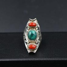 尼泊尔饰品手工925银绿松石戒指男女开口指环马鞍个性复古民族风