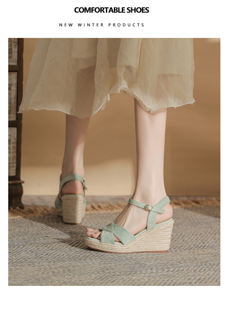 Sandal cao gót nữ hở mũi đế xuồng gót cao 9 cm, quai ngang đan dây thừng — Xanh lá cây nhạtcolor chi tiết 18