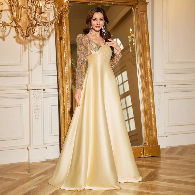 Gradient Sequin Embroidery V-Neck Long-Sleeve Dress with Pleated Waist and Elegant Silhouette for Evening Parties Gradient Sequin Embroidery V-Neck Long-Sleeve Dress with Pleated Waist and Elegant Silhouette for Evening Parties