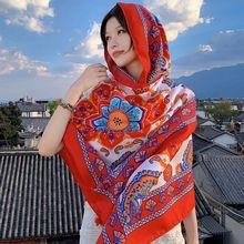 青海西藏云南茶卡盐湖旅游拍照披肩女民族风挂须红色围巾沙漠丝巾