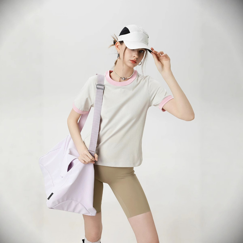 Trendy American-Style Heavy Color-Block Round Neck Women's Simple Versatile Short-Sleeve T-Shirt Regular Shoulder Cropped Slim Top