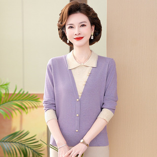 Mother's Spring Knitted Lap Neck Sweater 50-60 Years Old Long Sleeve Base Shirt Top Middle-aged and Old Women's Spring and Autumn Small Shirt