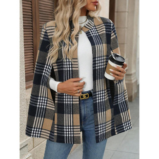 W 66952 Plaid hooded cape coat ��y�Bñ������¿羳���u