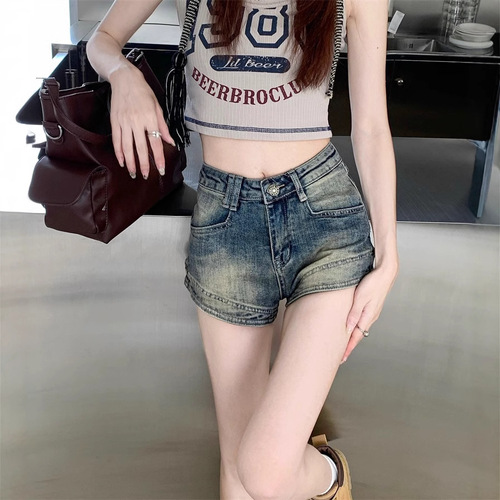 Vintage Distressed Denim Shorts for Women 2025 Summer: American-Style Hot Girl Hot Pants, Wide-Leg Ultra-Cropped Shorts with High Waist and Straight Leg, A-Line Design