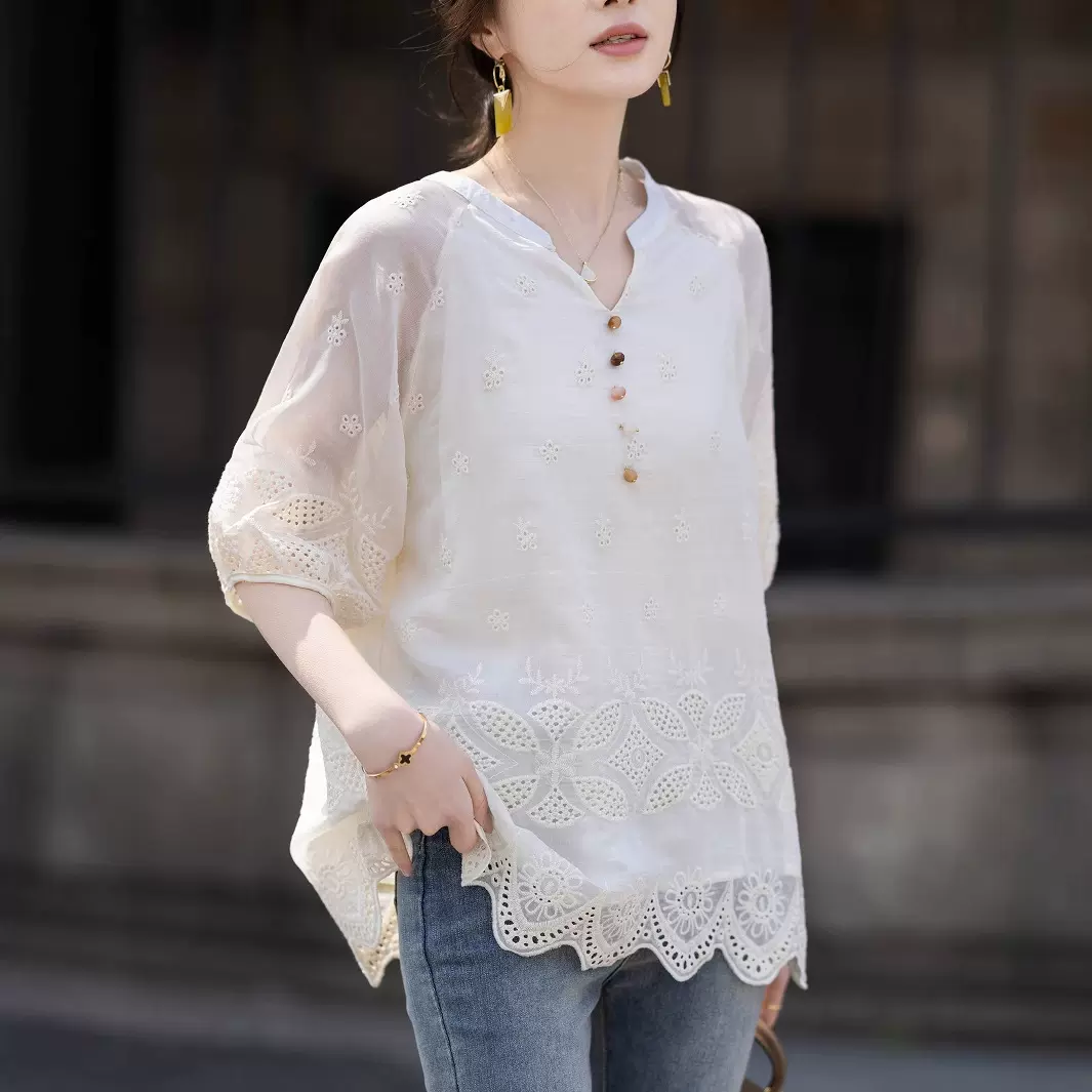 衬衣女2025年夏季新款大码女装气质刺绣雪纺衬衫女欧货五分袖上衣