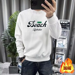 Autumn and Winter New Trendy Brand Printed Boys' Tops, Fashionable Pullover, Round Neck, Long Sleeves, Casual, Versatile, Trendy Men's Sweatshirts with Velvet