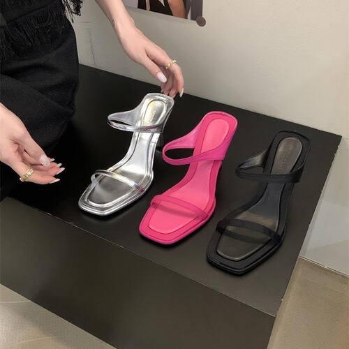 Summer 2024 Fashionable New Sexy High Heel Sandals for Women, Outwear Silver Square Toe Strappy Sandals with Toe Post