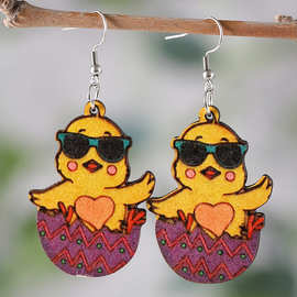 跨境新款个性戴墨镜小鸡耳环女孩复活节礼物流苏双面木耳