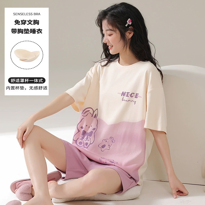 睡衣女夏季短袖套甜美带胸垫韩版卡通学生休闲宽松大码宿舍家居服|undefined
