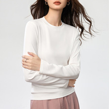 40支精梳纯棉 宽松直筒T恤女半高圆领长袖打底衫纯色百搭粉色上衣