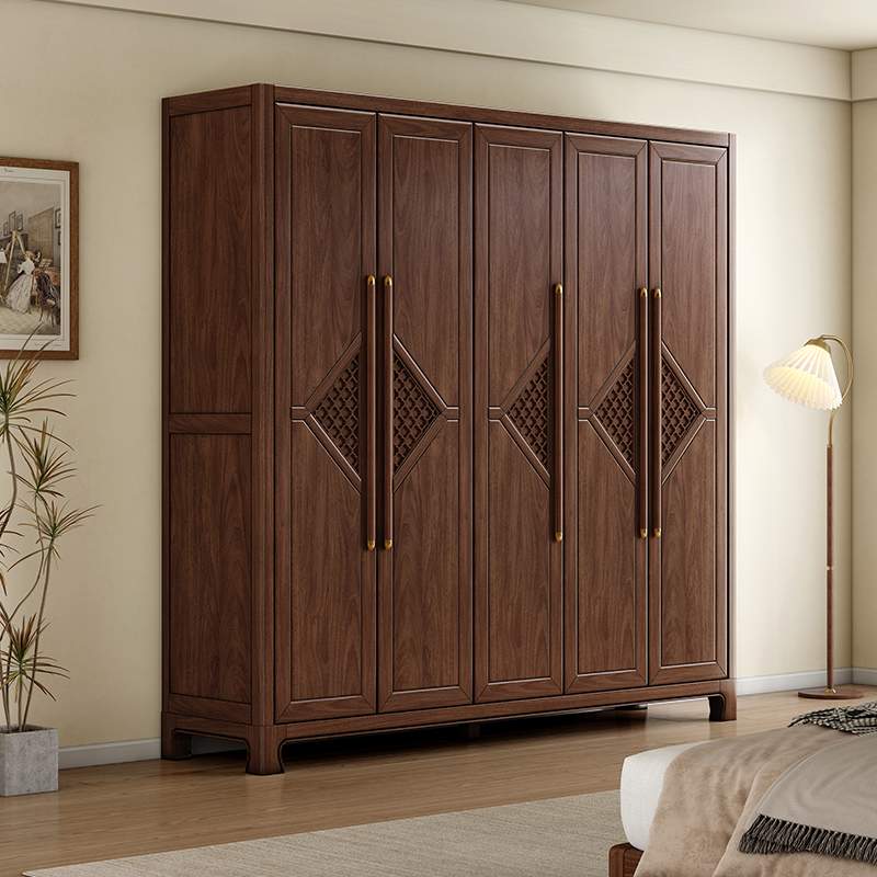 ♔ New Chinese-Style Solid Wood Wardrobe for Home Bedroom, Made of Black Walnut, All-Natural Wood, with Three, Four, Five, or Six Doors for Storage