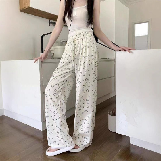 Cute Full Print HelloKitty Pants Cat Summer Thin High Waist Wide Leg Pants Loose Slimming Straight Pants