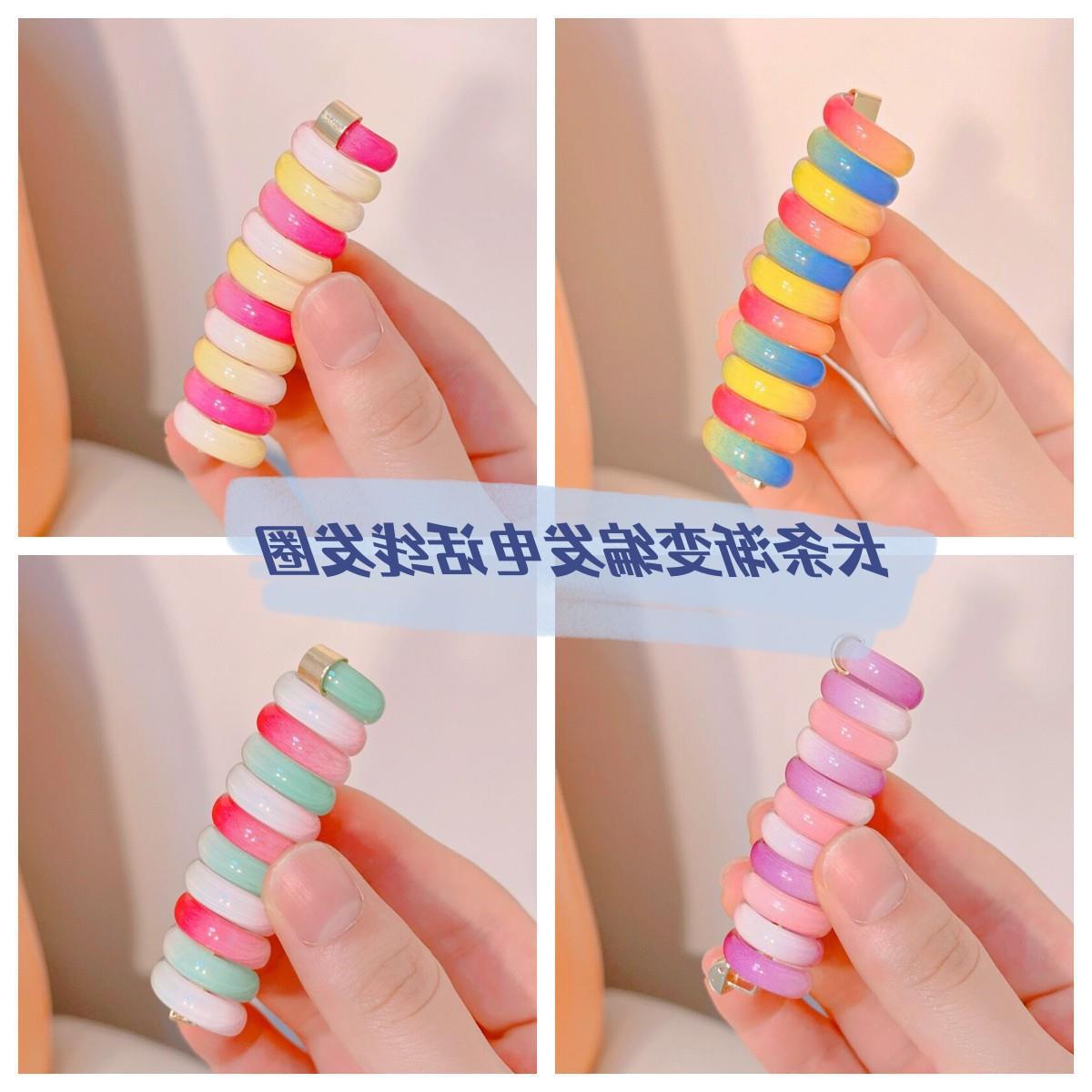 彩虹色長條電話線發圈兒童新款編發不傷發簡約印花痕扎馬尾頭飾