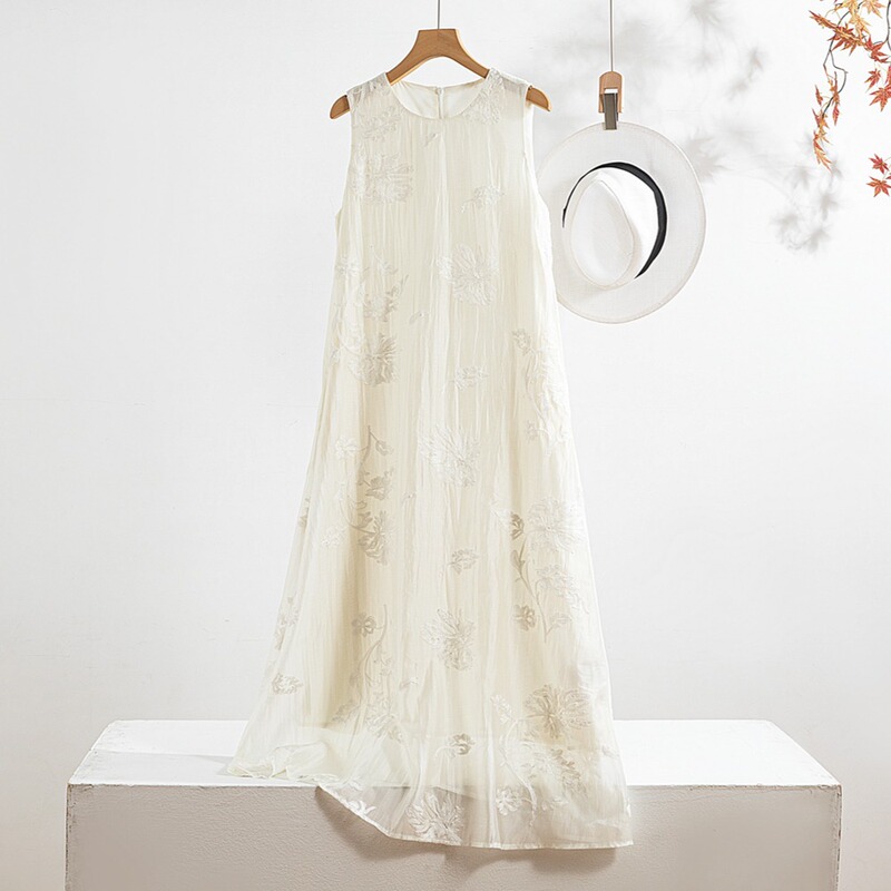 Endi Fashion Heavy Industry Embroidered Tencel White dress Women's Summer New Chinese Style National Style Long Sleeveless Vacant Dress