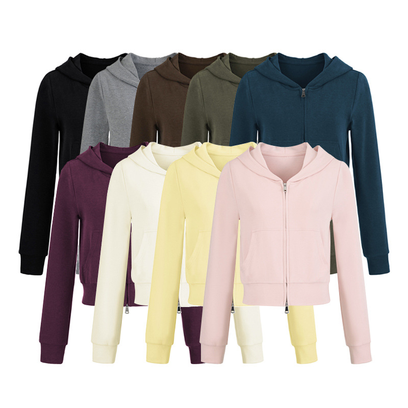 Double-Ended Zipper Fitness Sports Hooded Sweatshirt for Women Autumn and Winter New Style Waist Slimming Versatile Casual Cardigan Jacket